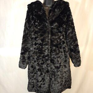 Black Faux Fur Long Coat with Hood
